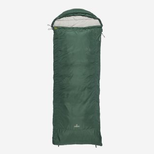 NOMAD Aztec Premium Comfort sleeping bag in trekking green with hood and rectangular design.