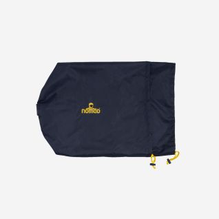 NOMAD stuff sack in dark blue with a yellow logo and yellow drawstring closure