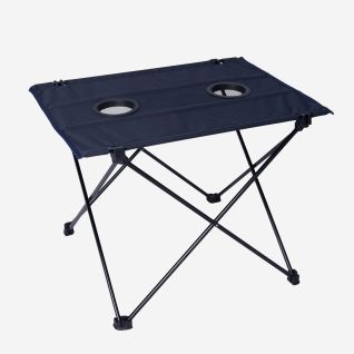 NOMAD Amosen premium compact camping table in dark blue with a foldable frame and two cup holders.
