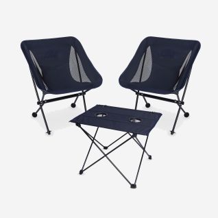 NOMAD premium set of two compact dark blue camping chairs and a premium folding camping table