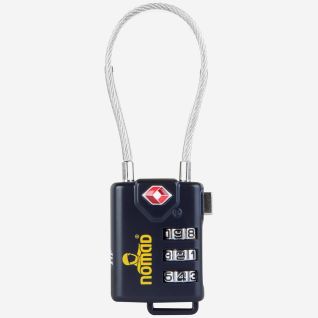 NOMAD TSA lock with three-digit combination and steel cable in dark blue