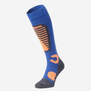 NOMAD Ski Sock Pro merino wool ski sock in cobalt blue with orange and gray accents, knee-high model