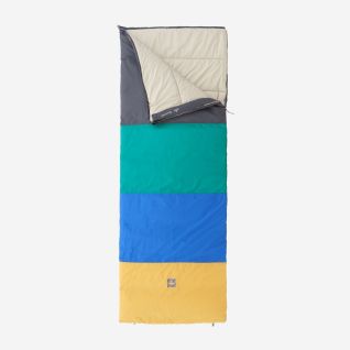 NOMAD Blazer multicolored sleeping bag in green, blue and yellow with an unzipped top and brand logo.