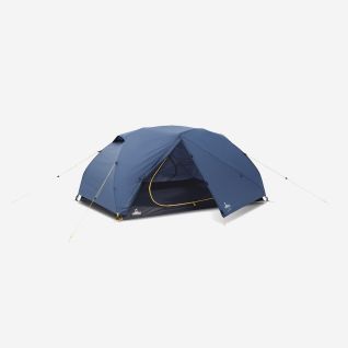 NOMAD Jade 2 Premium tent voor twee personen in titanium blauw met open ingang en gele scheerlijnen