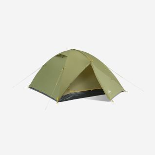 NOMAD Jade 3 tent in calliste green voor drie personen met open ingang en gele stokken