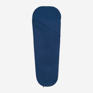 NOMAD DryTouch mummy-shaped travel sheet in dark blue with an open top.