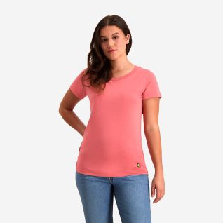NOMAD Anapai women's travel T-shirt in coral with short sleeves and a crew neck.