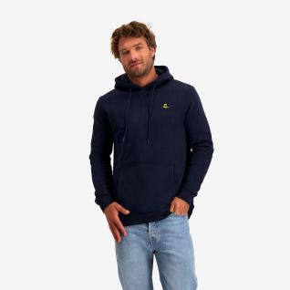 NOMAD men's hoodie in navy blue with hood and kangaroo pocket shown by a man on a white background