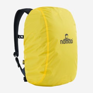 Yellow NOMAD rain cover on a backpack with a visible NOMAD logo