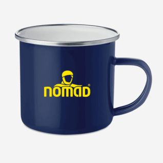 NOMAD dark blue enamel mug with yellow logo and metal rim for outdoor use