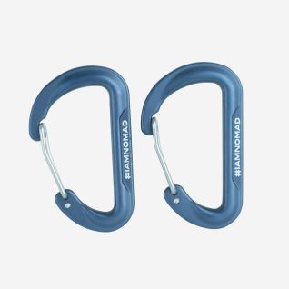 NOMAD 2-piece carabiner set in dark blue metal with #IAMNOMAD print