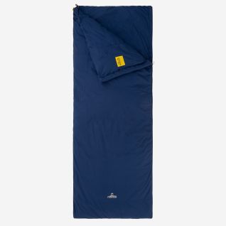 NOMAD blazer down zomerslaapzak in navy blauw rechthoekig model met geel label op de flap