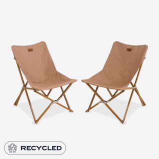Set of two NOMAD Mando Lounge chairs in dark sand with wooden frames and recycled fabric.