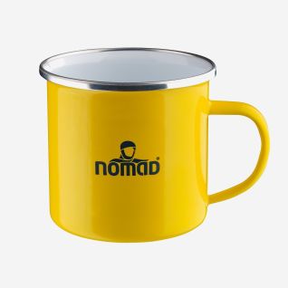 NOMAD yellow enamel mug with a metal rim and a NOMAD logo on the front