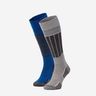 NOMAD junior ski socks 2-pack in light grey and blue with reinforced zones and a tall cut