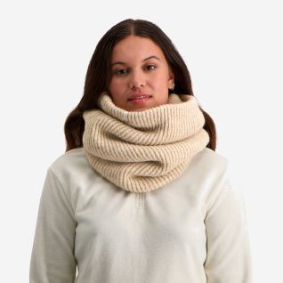 NOMAD Turoa women's beige knitted cowl scarf worn around the neck