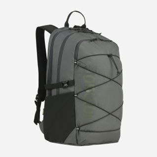 NOMAD Lahko 28-liter daypack in dark gray with elastic cord and multiple zippered pockets.