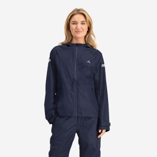 NOMAD premium women’s raincoat in dark blue with a hood and reflective details