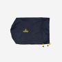 NOMAD stuff sack in dark blue with a yellow logo and yellow drawstring closure