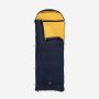 NOMAD Triple-S sleeping bag in dark blue with a yellow lining and rectangular design.