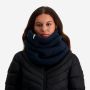 NOMAD Turoa women’s dark blue ribbed-knit cowl scarf worn by a woman