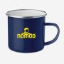 NOMAD dark blue enamel mug with yellow logo and metal rim for outdoor use