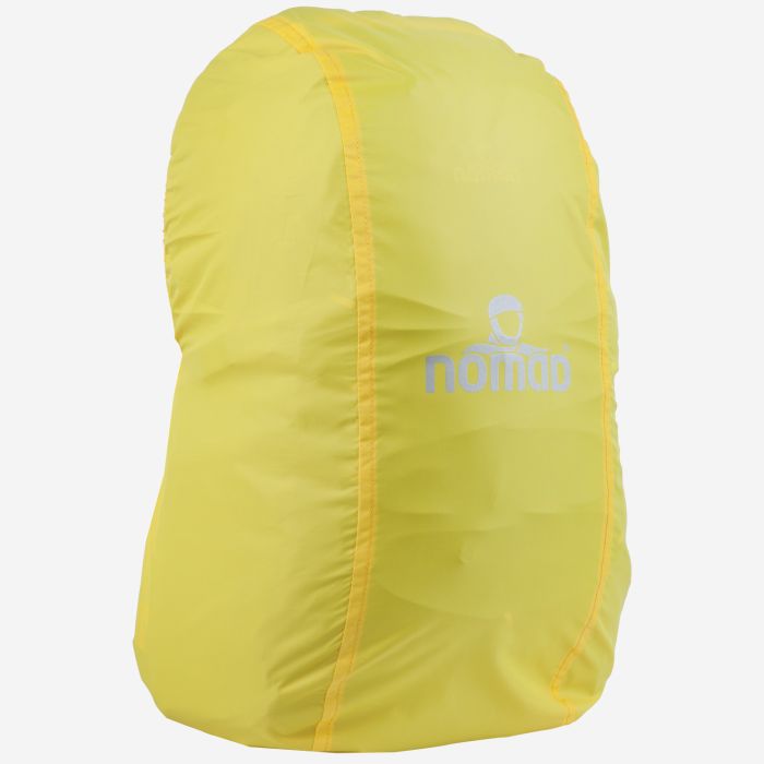 Yellow NOMAD rain cover for backpack with a visible logo on the front.