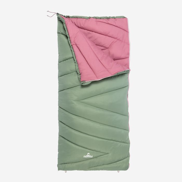 NOMAD Bronco Junior sleeping bag in light green with a pink lining for kids’ outdoor camping.