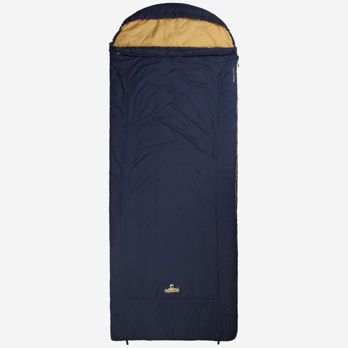 NOMAD Aztec Comfort sleeping bag in dark blue with light brown lining and rectangular shape.