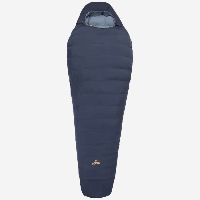 NOMAD Inca Pro 1250 mummy sleeping bag in dark blue with hood and stitched baffles for outdoor use