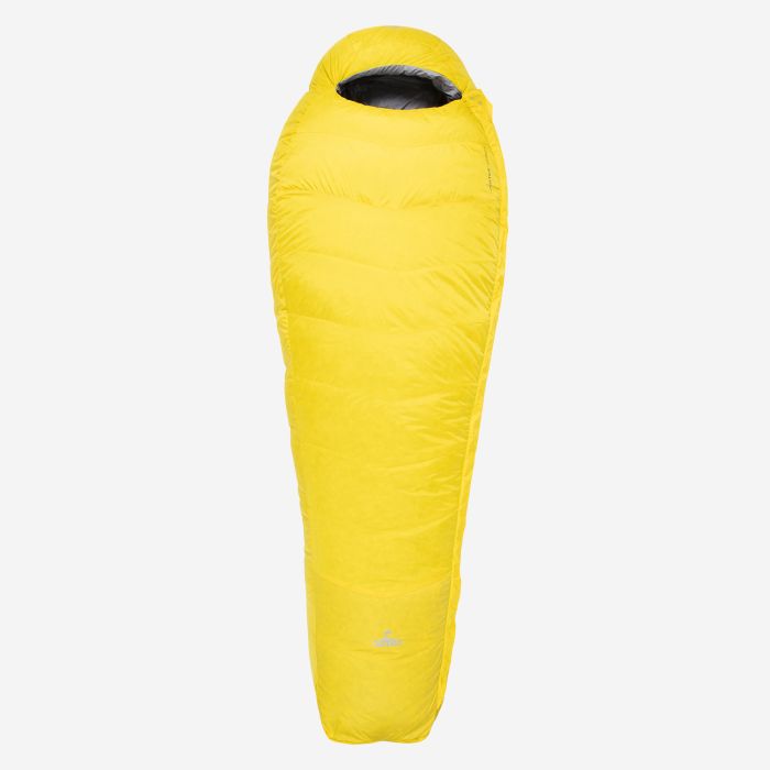 NOMAD Gemini 1100 mummy sleeping bag in bright yellow with a hood and insulating lining for outdoor use
