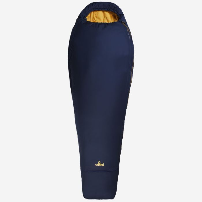 NOMAD Inca 900 mummy sleeping bag in dark blue with yellow interior lining for outdoor camping