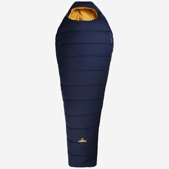 NOMAD Inca 1200 sleeping bag in dark blue with orange interior and mummy shape for outdoor use