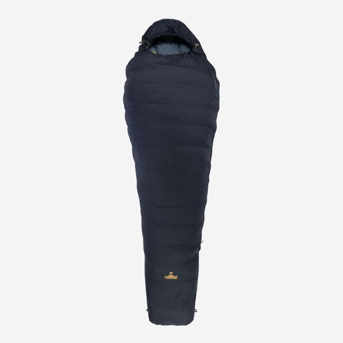 NOMAD Inca Pro 850 mummy sleeping bag in dark blue with a hood and the logo visible on the underside