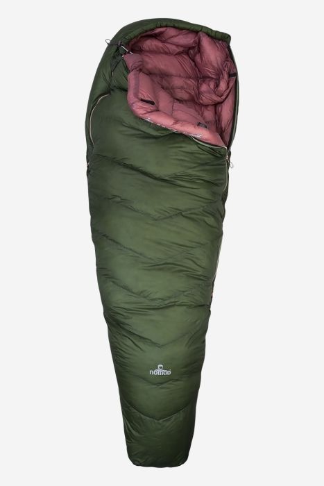 NOMAD Orion 400 SC sleeping bag in dill green with pink lining and hood