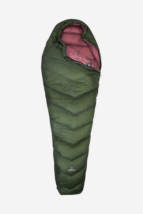 NOMAD Orion 180 S mummy sleeping bag in dill green with pink interior and side zipper