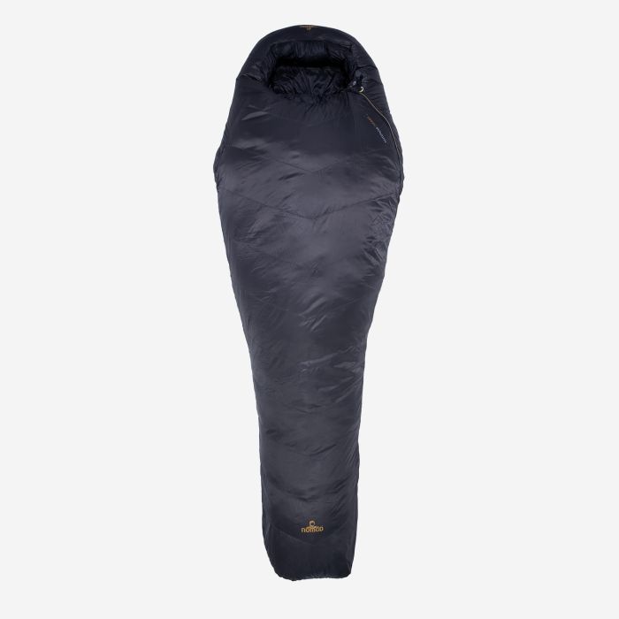 NOMAD Orion 900 mummy sleeping bag in dark grey with hood and logo on the underside