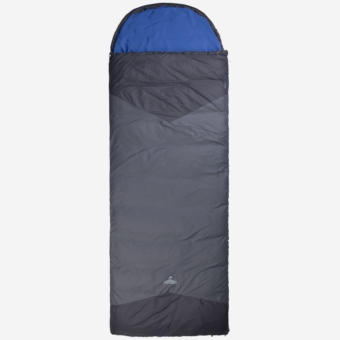 NOMAD Tennant Creek rectangular sleeping bag with a blue hood and grey exterior.