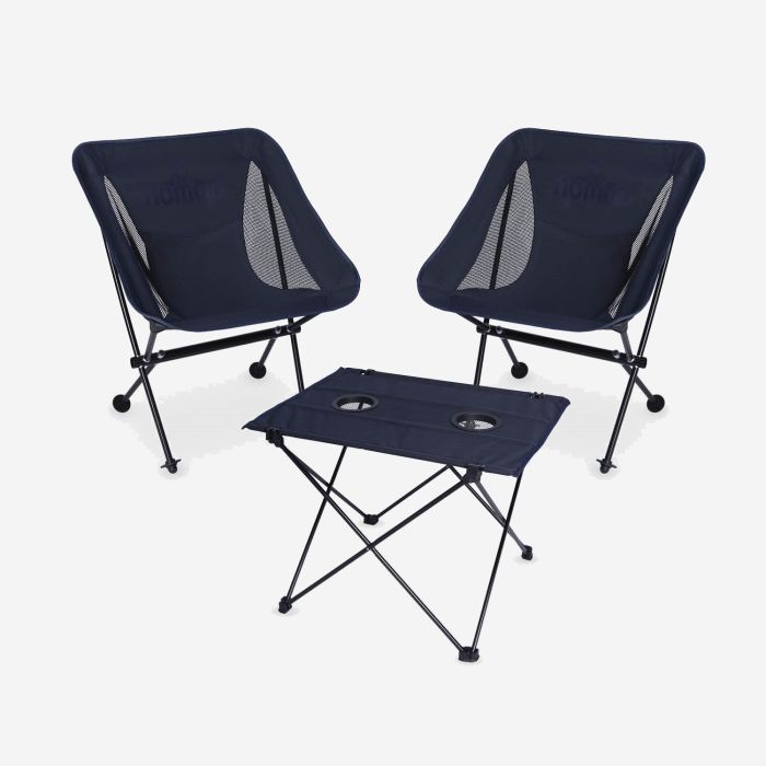 NOMAD premium set of two compact dark blue camping chairs and a premium folding camping table