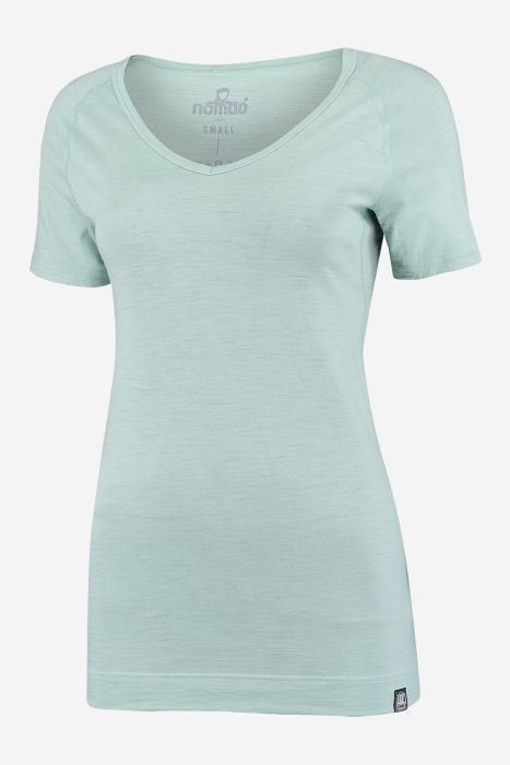 NOMAD dames T-shirt van pure merinowol in lichtgroene kleur met korte mouwen en V-hals