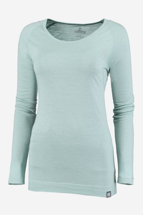 NOMAD dames longsleeve van pure merinowol in lichtgroene kleur herb met ronde hals en lange mouwen
