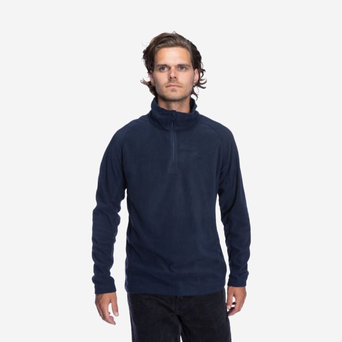 NOMAD fleece pullover for men in dark blue with a half zip and stand-up collar