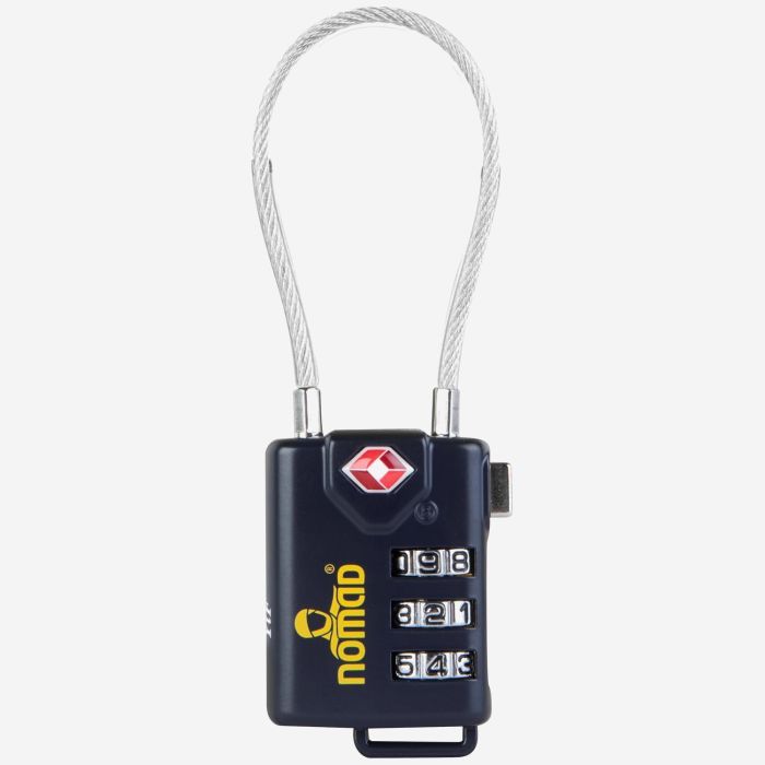 NOMAD TSA lock with three-digit combination and steel cable in dark blue