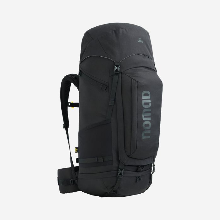 NOMAD Batura 70 Premium backpack in black with large front pockets and adjustable shoulder straps