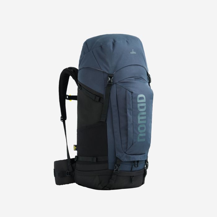 NOMAD Batura 55-liter premium backpack in dark blue with large zippered pockets and adjustable shoulder straps