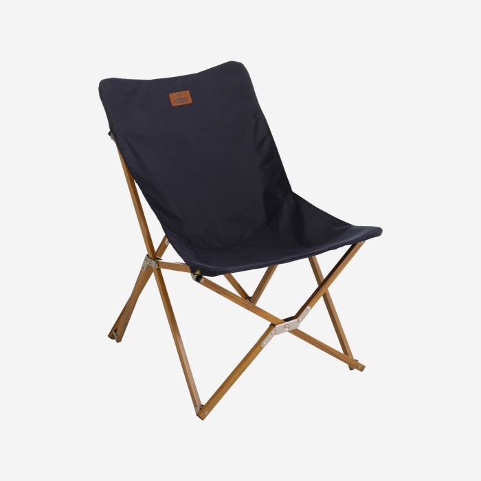 NOMAD Mando Lounge camping chair with a wooden frame and dark blue seat