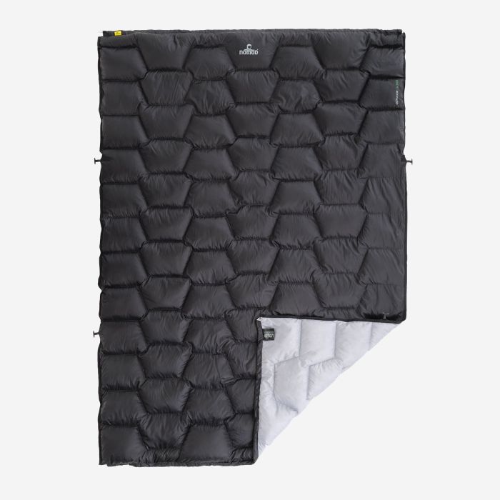 NOMAD Fornax deken zwart met honingraatpatroon en lichtgrijze binnenzijde outdoor slaapdeken