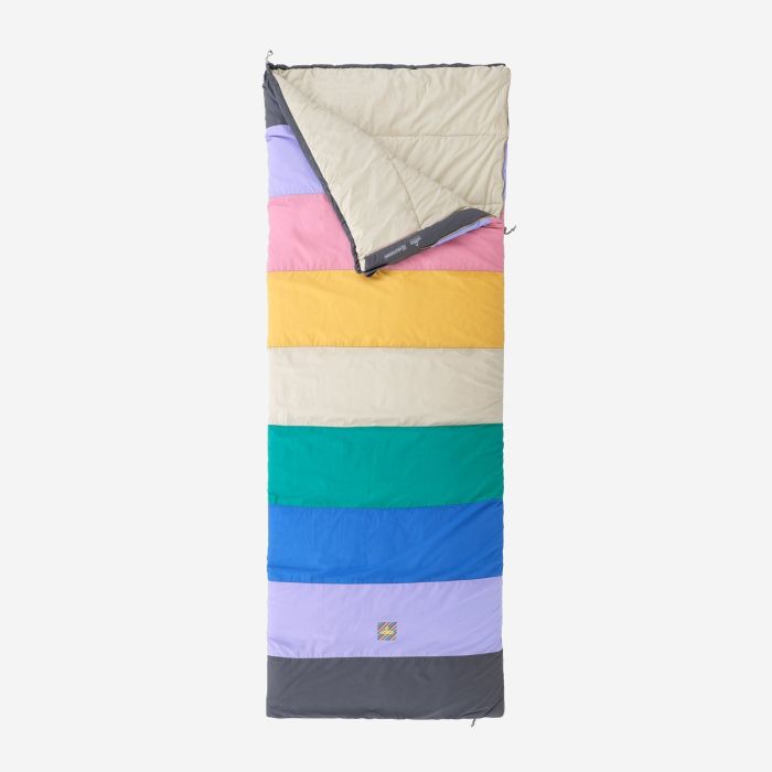 NOMAD Blazer multicolor sleeping bag with horizontal stripes in various colors and a rectangular shape