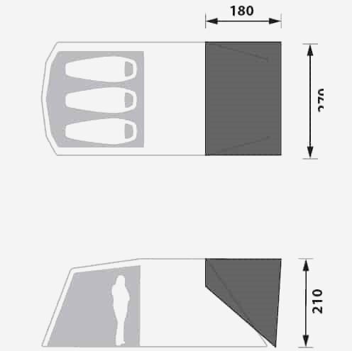 NOMAD Dogon 4 plus 2 Porch beige tunneltent met ruime voortent en afmetingen zichtbaar in zij- en bovenaanzicht