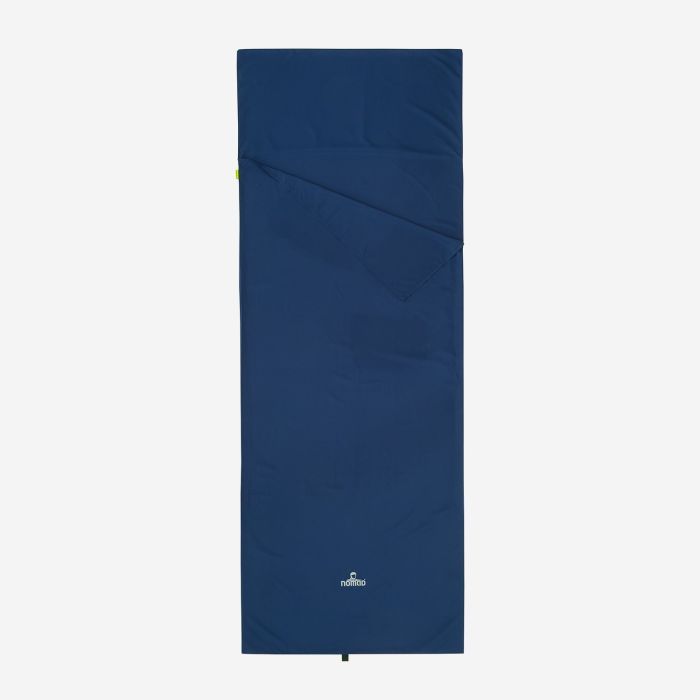 NOMAD DryTouch travel sheet in dark navy blue, rectangular design with a visible logo
